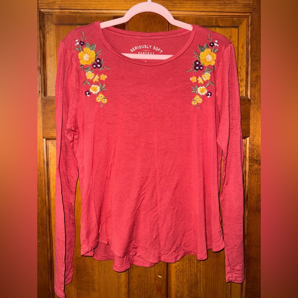 Aeropostale Women's Seriously Soft Brick Red Embroidered Top